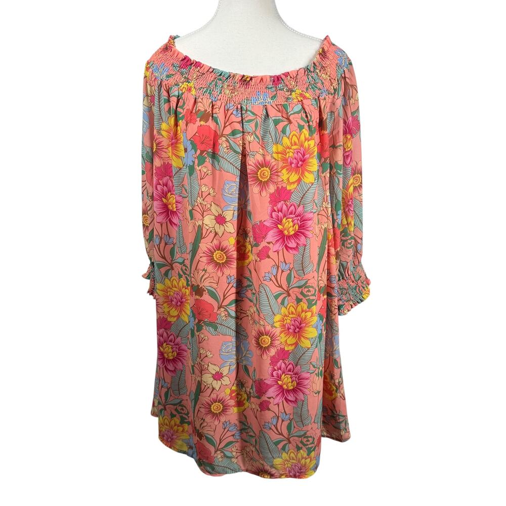 Umgee Dress Women M Pink Anthropologie Flamingo Floral Off-Shoulder Shift Summer